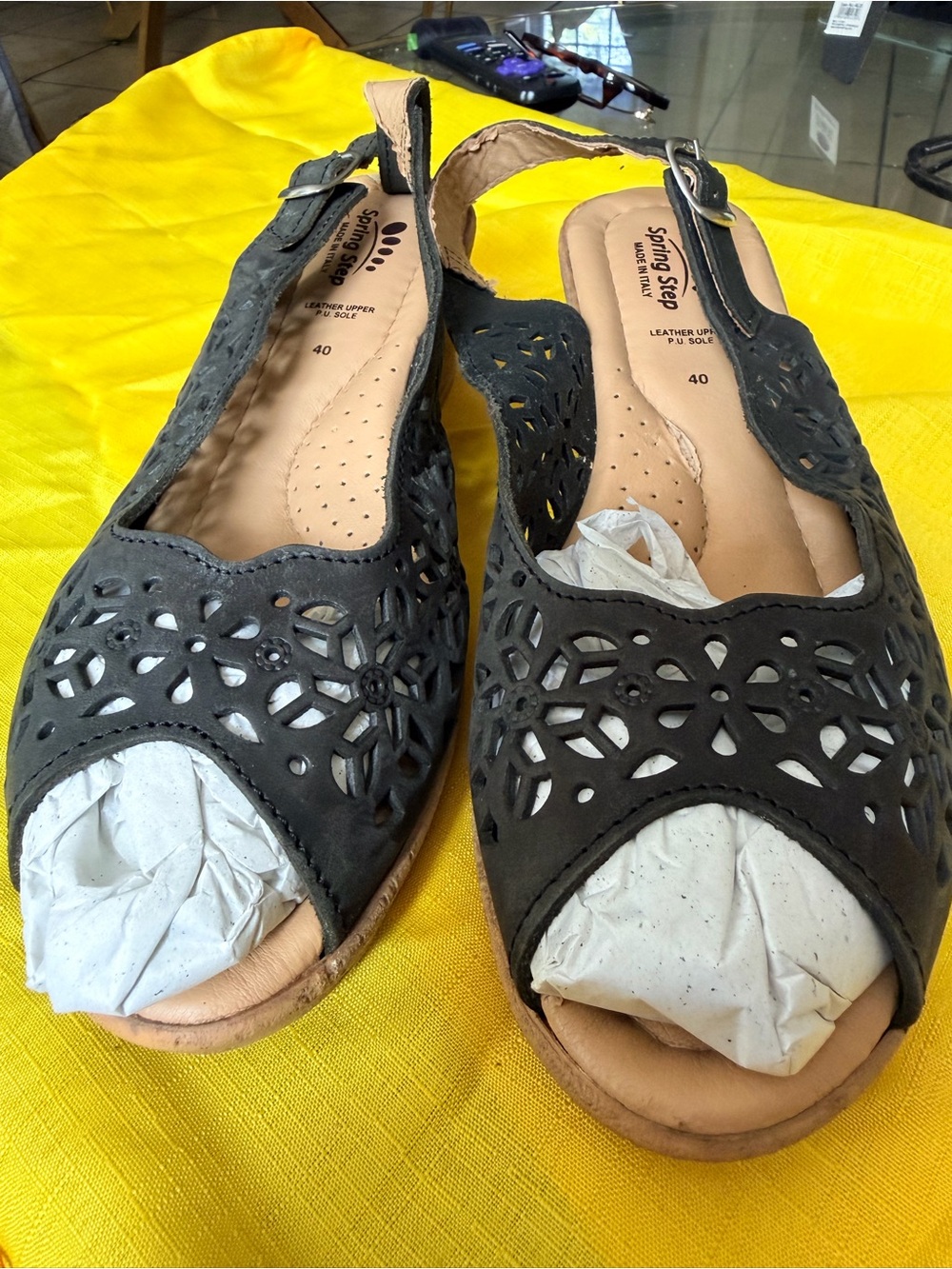 Spring Step Black Laser-Cut Slingback Sandals